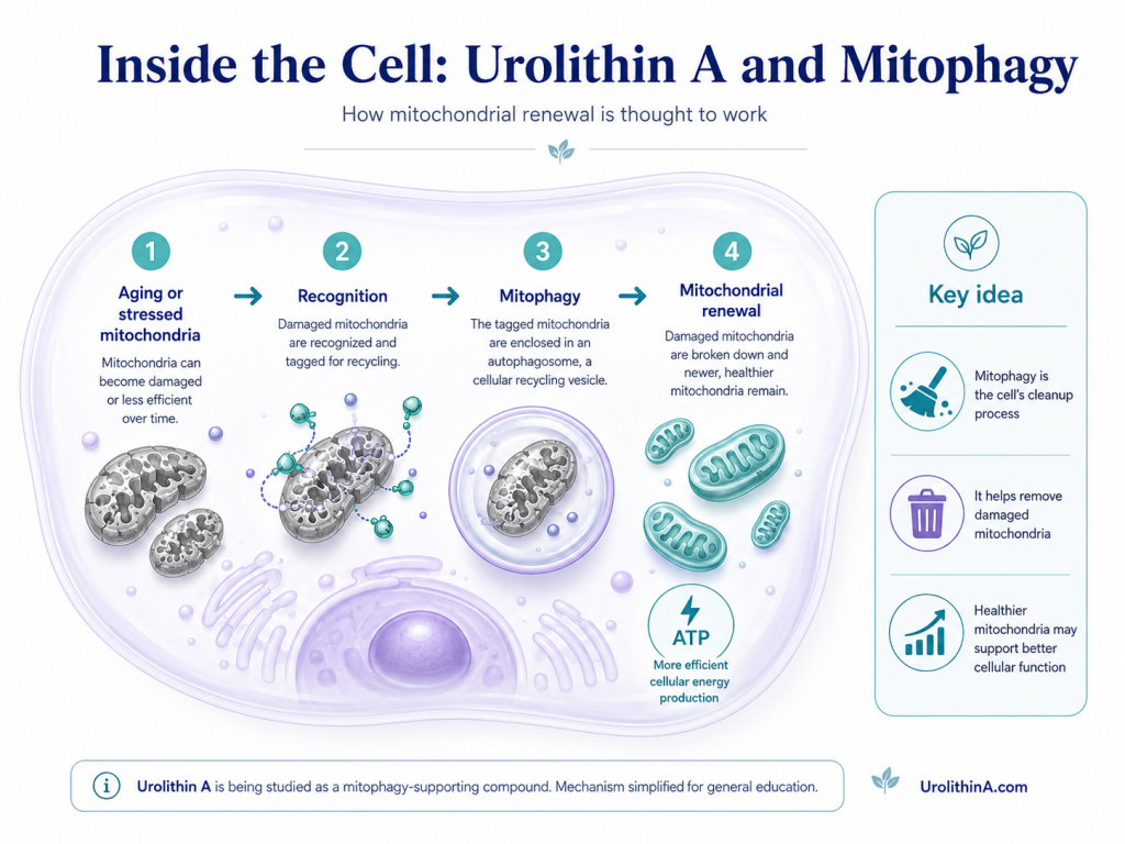 Diagram inside a cell showing ageing or stressed mitochondria, recognition and tagging, enclosure in an autophagosome, breakdown and healthier mitochondria remaining.